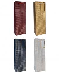 Бумажные однотонные подарочные пакеты из плотной матовой фактурной бумаги с металлизированным тиснением, серия "Золотые клеточки", размер 12*36*9 см.