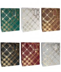 Бумажные однотонные подарочные пакеты из плотной матовой фактурной бумаги с золотым тиснением, серия "Золотая шотландка", размер 26*32*12 см.