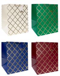 Бумажные подарочные пакеты из матовой фактурной однотонной бумаги с золотым тиснением, серия "Классика ромбы", размер 30*38*дно 30 см.