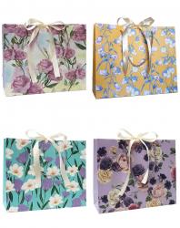 Горизонтальные бумажные подарочные пакеты из плотной матовой бумаги с рисунком и лентами, серия "Весенние цветы", размер 32*26*11 см.
